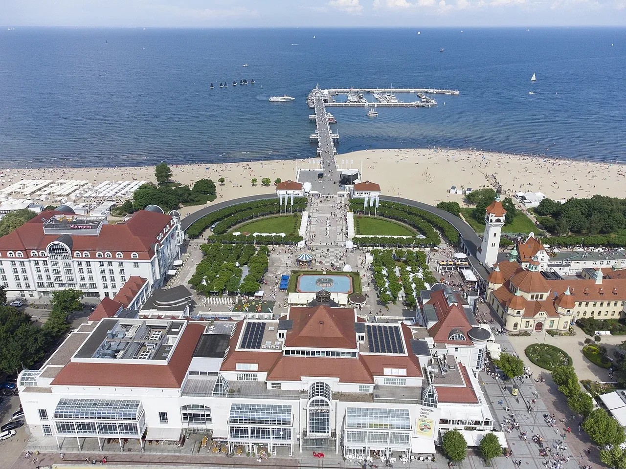 Aerial view of Sopot’s pier, beach, and elegant resort buildings on the Baltic Sea