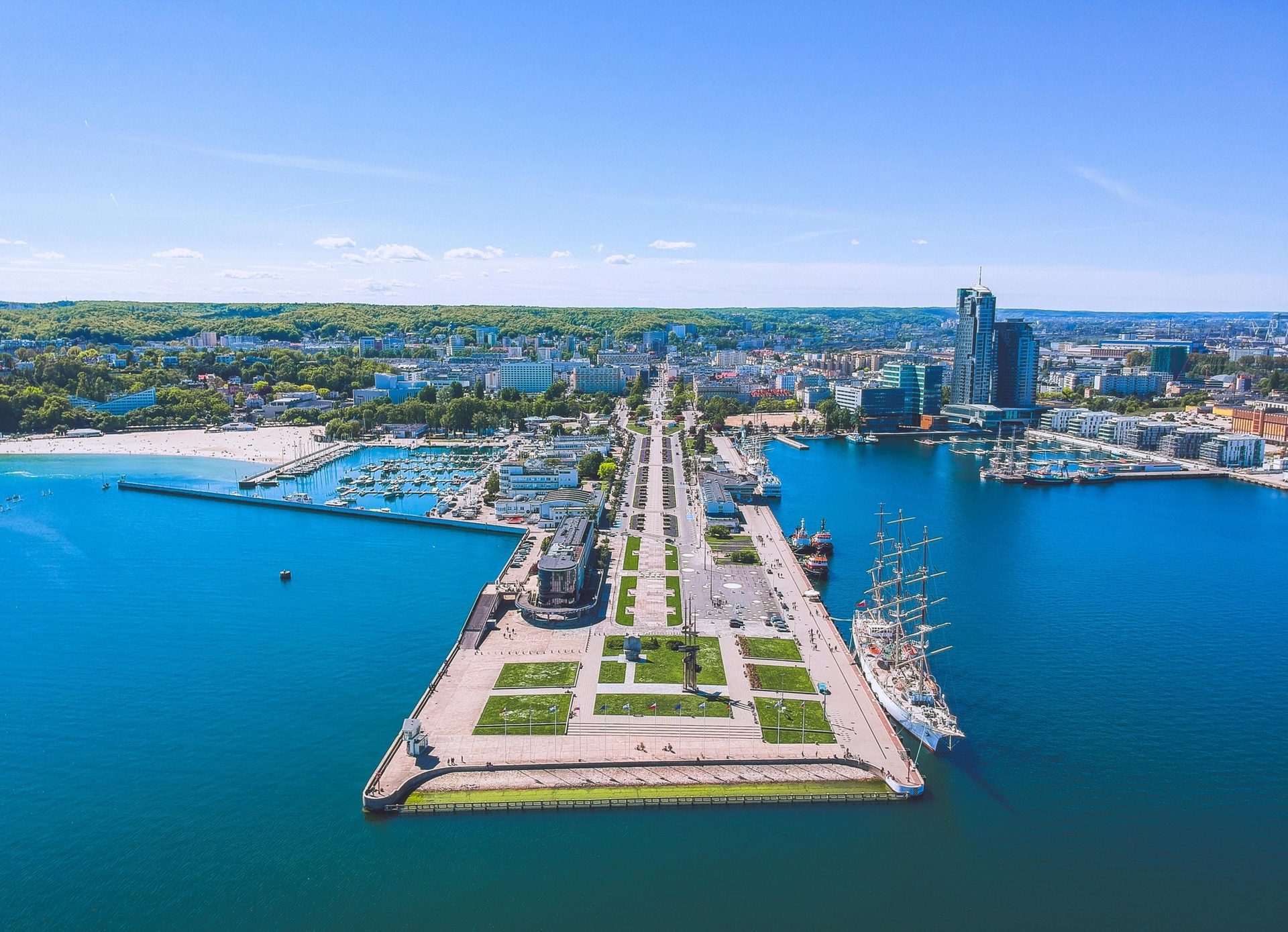 Gdynia’s Southern Pier and marina extending into the blue waters of the Baltic