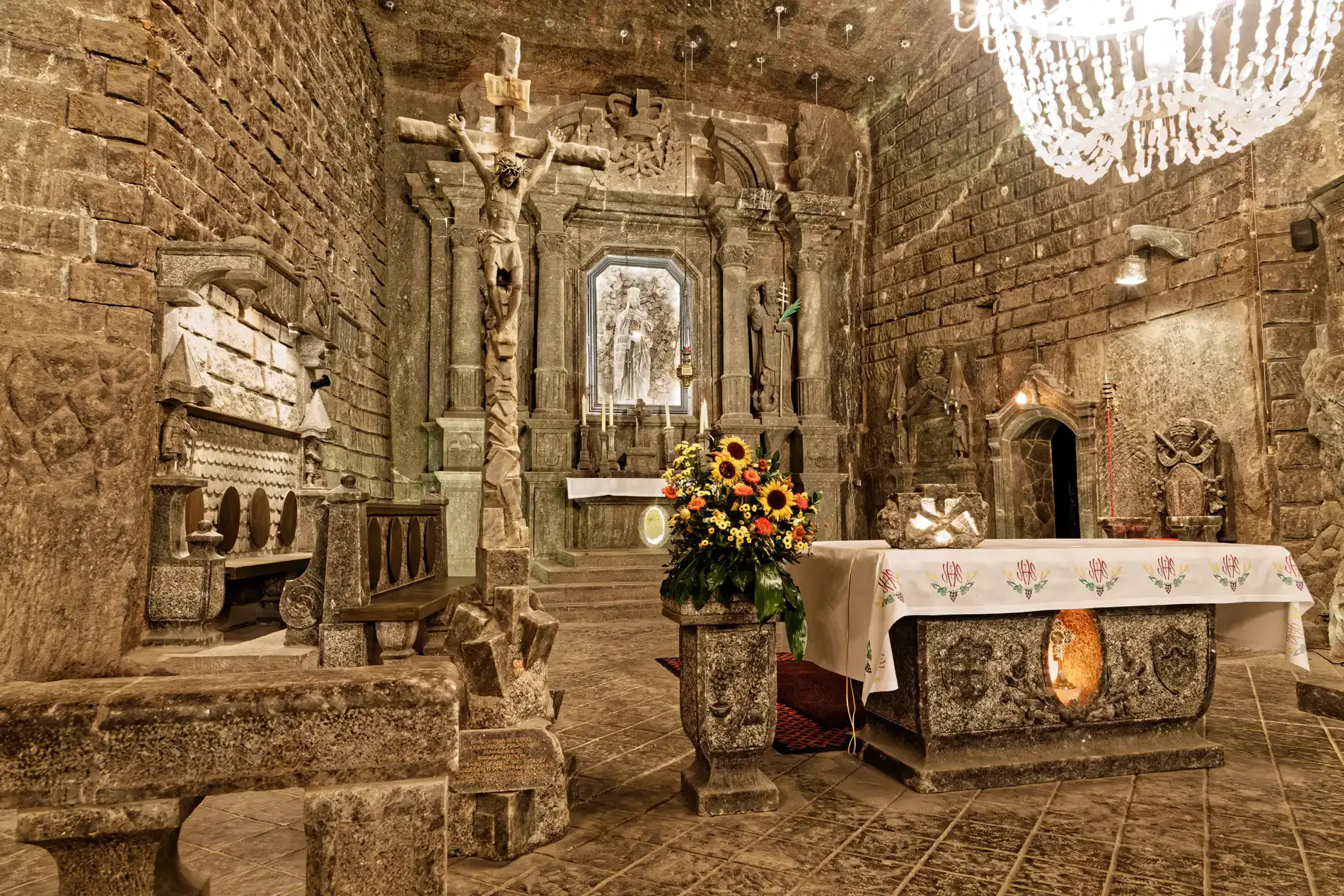 Rock-salt altar and carvings inside the Wieliczka Salt Mine near Kraków