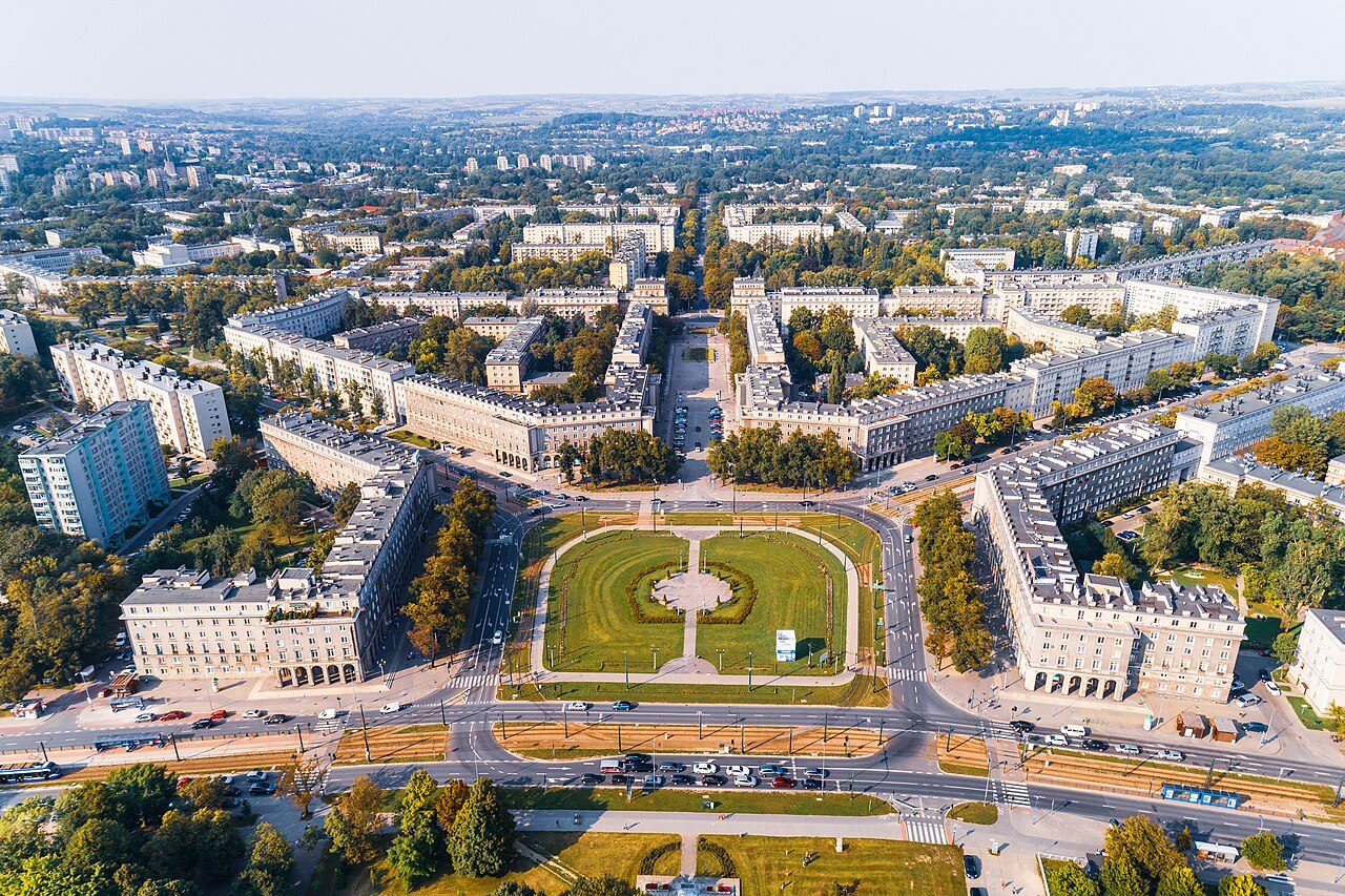 Aerial view of the planned urban avenues and Central Square of Nowa Huta