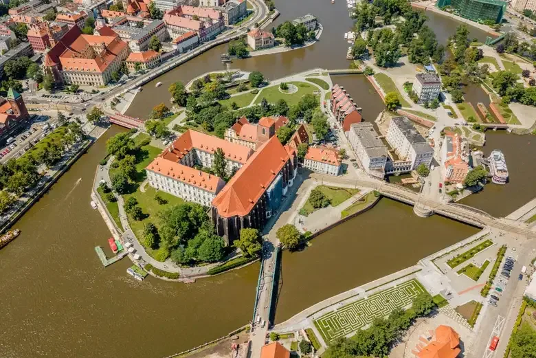 Aerial view of Wrocław’s river islands and bridges